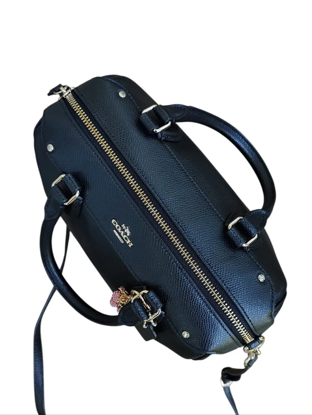 Coach Black Pebbled Leather Satchel with Cherry Charm